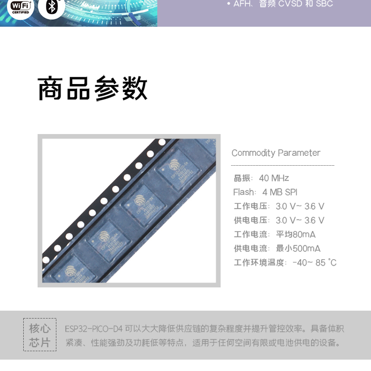 乐鑫模块代理商ESP32-PICO-D4 物联网wifi模块蓝牙wifi二合一模块厂家