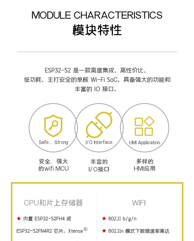 乐鑫代理商ESP32-S2-MINI-1U 2.4GHz WiFi(802.11 b/g/n)模组无线WiFi模块