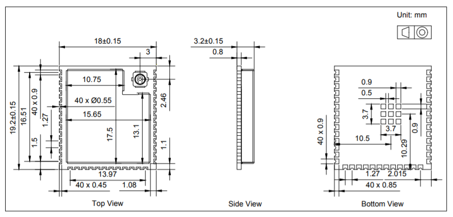 ESP32S2SOL0U模组尺寸图