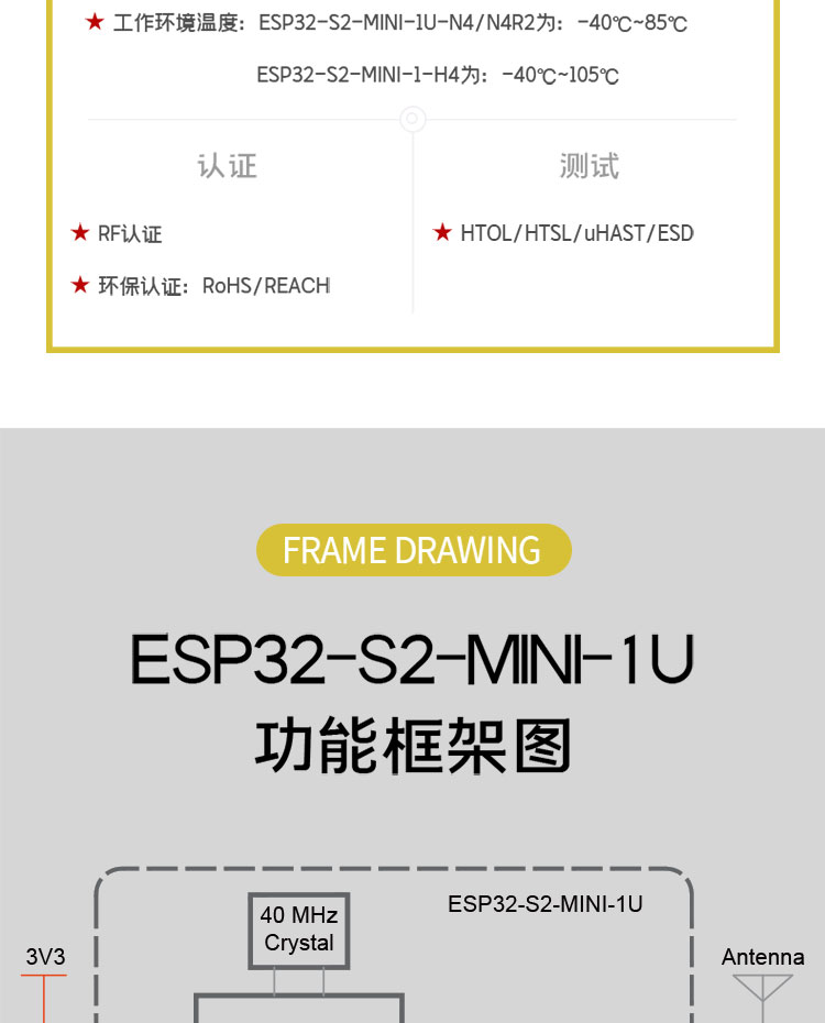 乐鑫代理商ESP32-S2-MINI-1U 2.4GHz WiFi(802.11 b/g/n)模组无线WiFi模块